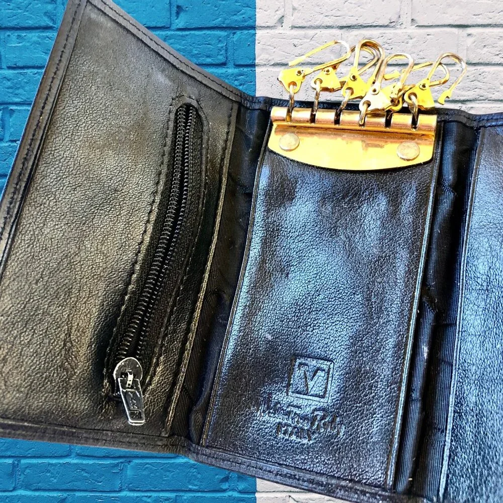 Valentino Rudy Italy Black Leather KEY COIN CARD Wallet Mens Tri-Fold
